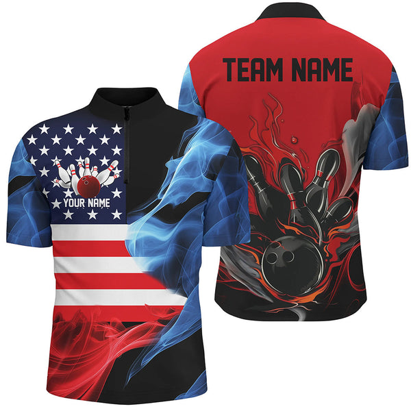 Maxcorners Red White And Blue American Flag Bowling Jersey Customized Name, Team Name 3D Shirt