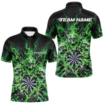 Maxcorners Custom Green Flame Skull Dart Men Polo Shirt, Break Glass Shard Dart Outfit LM1910