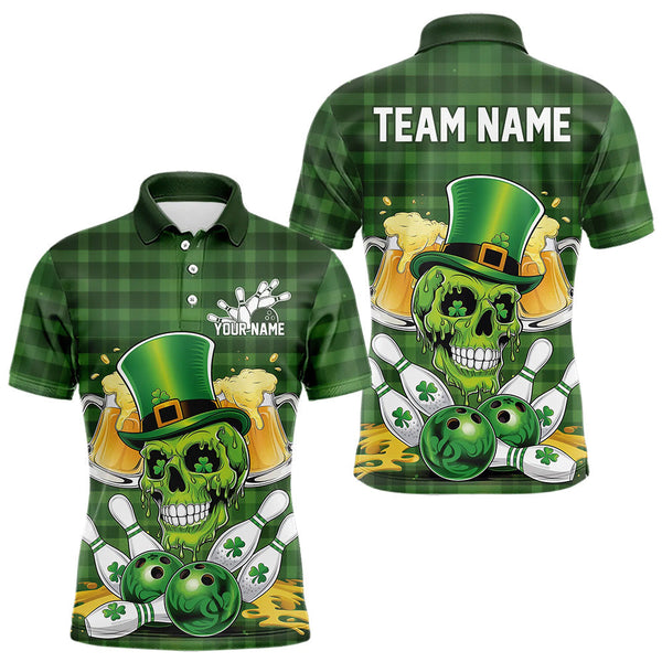 Maxcorners Custom Funny Saint Patricks Day Skull And Beer Bowling Polo Shirt For Men, Lucky Team Shirt