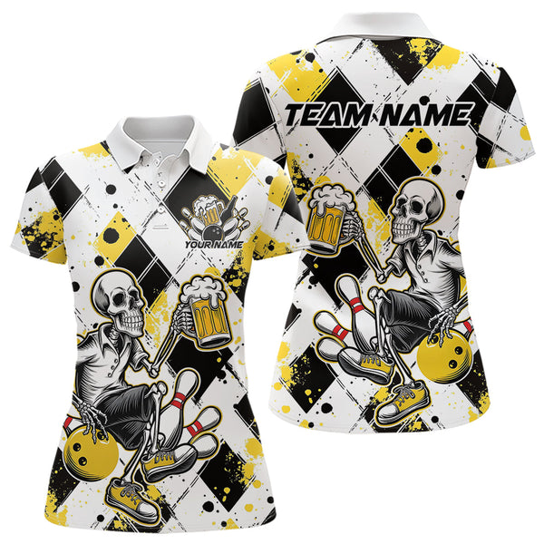 Maxcorners Custom Yellow Argyle Pattern Funny Skeleton Bowling And Beer Men Polo Shirts, Team Outfit LM113