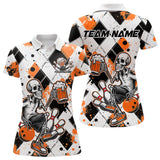 Maxcorners Custom Orange Argyle Pattern Funny Skeleton Bowling And Beer Men Polo Shirts, Team Outfit LM113