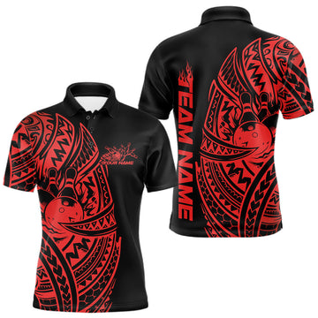 Maxcorners Custom Black And Red Polynesian Tribal Bowling Men Shirt, Maori Bowling League Shirt