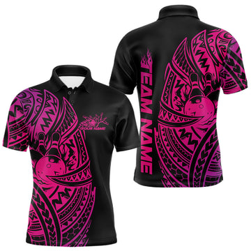 Maxcorners Custom Black And Pink Polynesian Tribal Bowling Men Shirt, Maori Bowling League Shirt