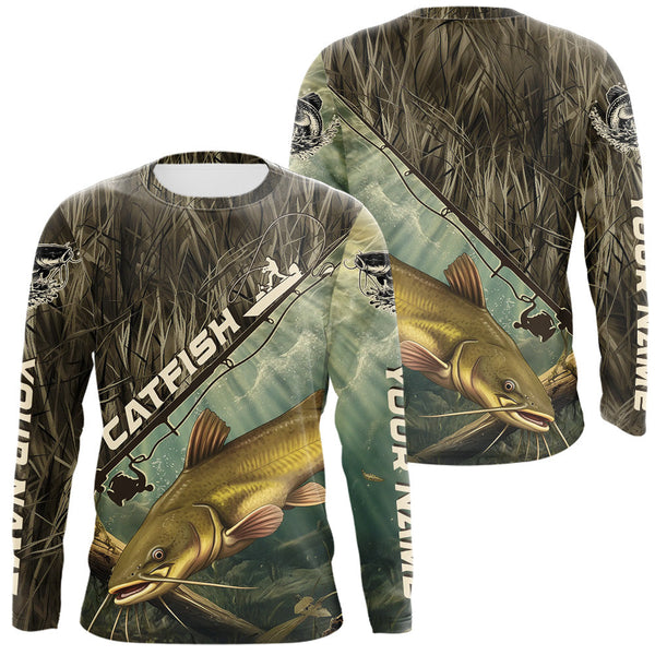 Maxcorners Grass Camo Custom Catfish Fishing Long Sleeve Tournament UV Protection Fishing Shirts LM0607
