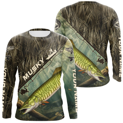 Maxcorners Grass Camo Custom Musky Fishing Long Sleeve Tournament UV Protection Fishing Shirts LM0607