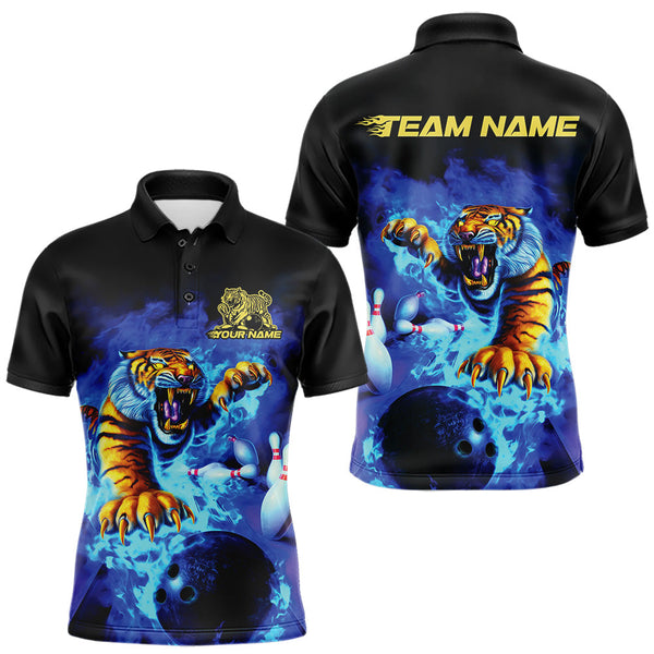 Maxcorners Custom Blue Fire Flame Tiger Bowling Team Polo Shirts For Men, Tiger Bowling Jerseys TU1407