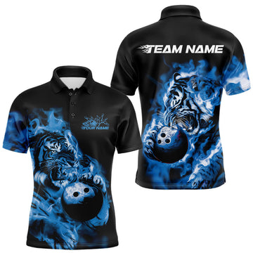 Maxcorners Custom Blue Fire Flame Tiger Bowling Jerseys, Bowling Team Men Polo Shirts LM1203