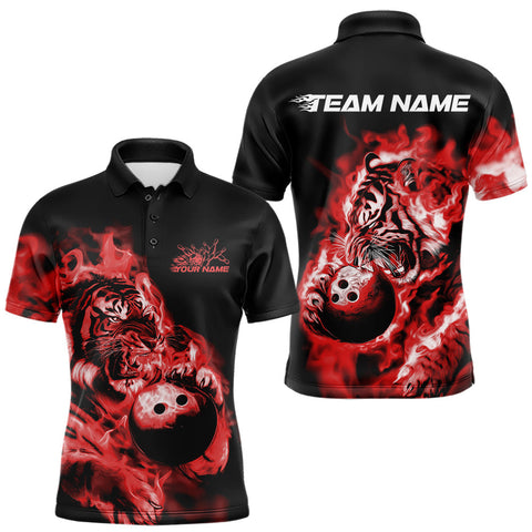Maxcorners Custom Red Fire Flame Tiger Bowling Jerseys, Bowling Team Men Polo Shirts TU1407