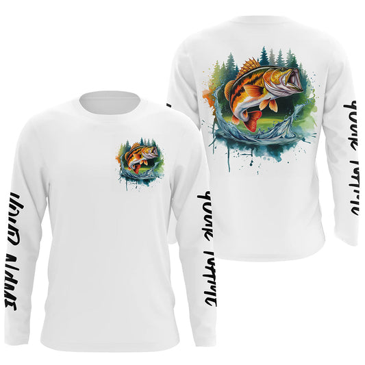 Maxcorners Watercolor Largemouth Bass Fishing Custom Long Sleeve Fishing Shirts, Bass Tournament Fishing Shirt LM0201