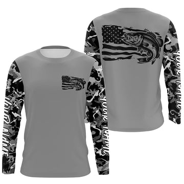 Maxcorners Gray Camo Us Flag Largemouth Bass Custom Patrotic Long Sleeve Fishing Shirt, Bass Fishing Jersey