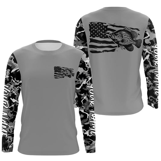 Maxcorners Gray Camo Us Flag Crappie Custom Patrotic Long Sleeve Fishing Shirt, Crappie Fishing Jersey