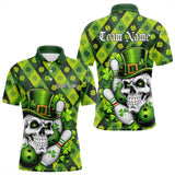 Maxcorners Custom St Patricks Day Skull Bowling Polo Shirts For Men, Green Shamprock Lucky Team Shirt