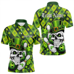 Maxcorners Custom St Patricks Day Skull Bowling Polo Shirts For Men, Green Shamprock Lucky Team Shirt