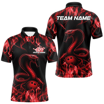 Maxcorners Custom Black And Red Flame Cobra Snake Bowling Men Shirts, Bowling League Shirt LM2602