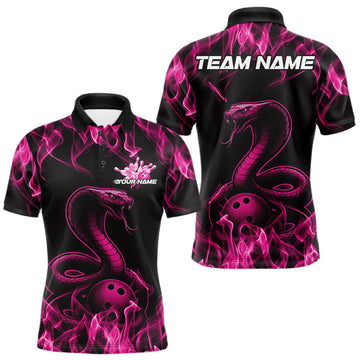 Maxcorners Custom Black And Pink Flame Cobra Snake Bowling Men Shirts, Bowling League Shirt LM2602