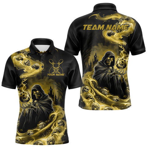 Maxcorners Black And Yellow Grim Reaper Custom Halloween Bowling Team Men Polo Shirts, Bowlers Outfit 