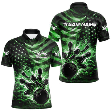 Maxcorners Custom Black And Green Patriotic Fire Flame Men Bowling Shirt, US Flag Bowling Jerseys
