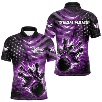 Maxcorners Custom Black And Purple Patriotic Fire Flame Men Bowling Shirt, US Flag Bowling Jerseys