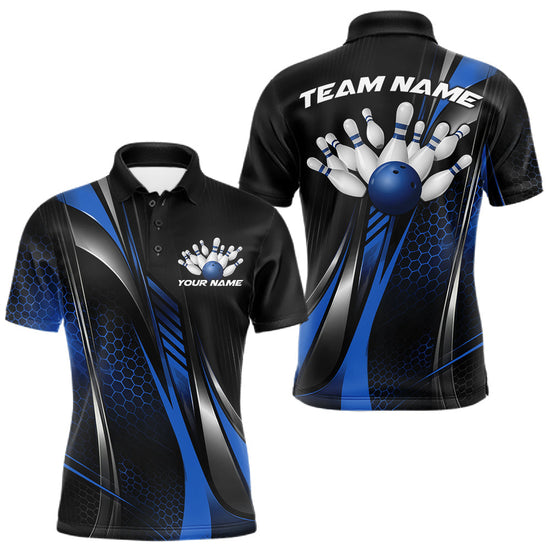 Maxcorners Black And Blue Custom Bowling Jersey, Bowling Tournament Men Polo Shirt Bowler Outfit