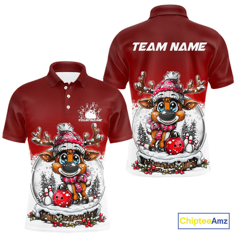 Maxcorners Custom Cute Funny Reindeer Christmas Bowling Men Polo Shirts, ChristmasTeam Bowling Shirt LM1411