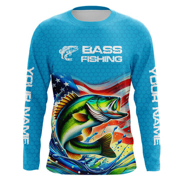 Maxcorners Custom US Flag Largemouth Bass Long Sleeve Tournament Fishing Shirts, Patriotic Bass Fishing Jerseys LM0501