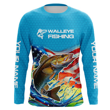 Maxcorners Custom US Flag Walleye Long Sleeve Tournament Fishing Shirts, Patriotic Walleye Fishing Jerseys LM0501