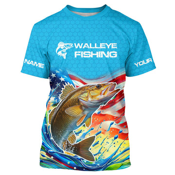 Maxcorners Custom US Flag Walleye Tournament Fishing T-Shirts, Patriotic Walleye Fishing Jerseys LM0501