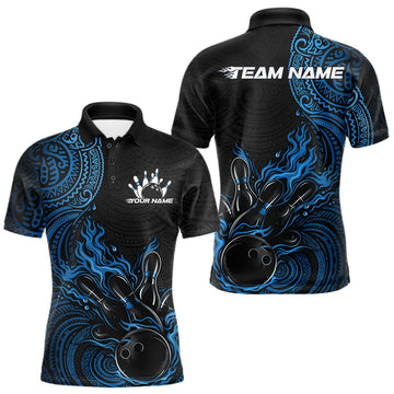 Maxcorners Custom Black And Blue Tribal Flame Bowling Ball Bowling Team Shirts, Polynesian Bowling Tournament Shirt 6 LM1501
