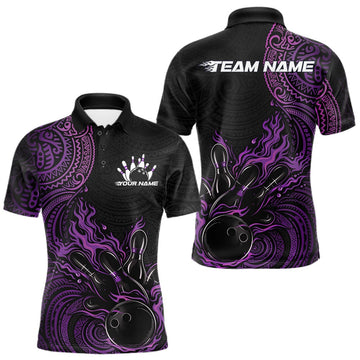 Maxcorners Custom Black And Purple Tribal Flame Bowling Ball Bowling Team Shirts, Polynesian Bowling Tournament Shirt LM1501