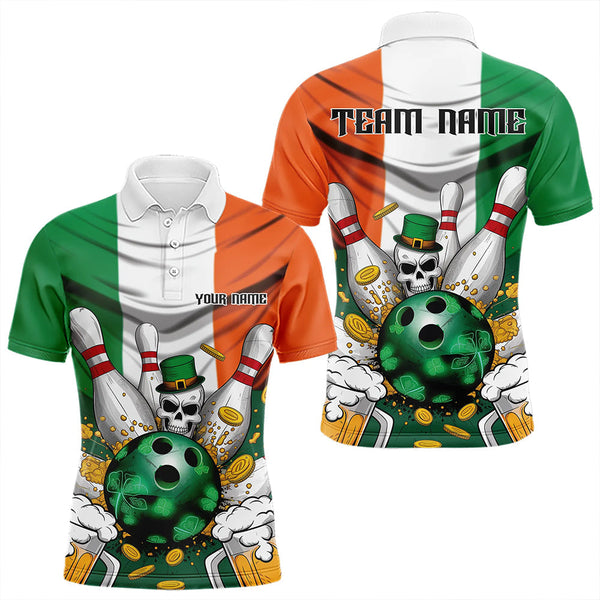 Maxcorners Custom Irish Flag St Patricks Day Bowling Polo Team Shirts For Men, Skull Leprechaun Bowling