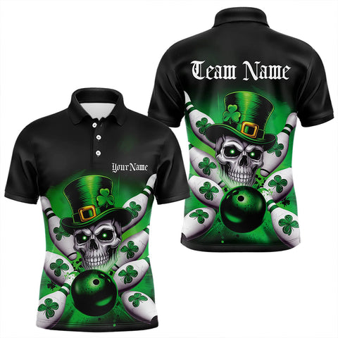 Maxcorners Custom Black And Green Lucky Clover St Patricks Day Skull Bowling Team Polo Shirts For Men And Women