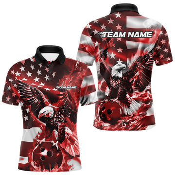 Maxcorners Custom Red Flaming American Flag Eagle Bowling Team Men Shirt, Patriotic Bowlers Outfit LM2602