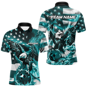 Maxcorners Custom Blue Flaming American Flag Eagle Bowling Team Men Shirt, Patriotic Bowlers Outfit LM2602