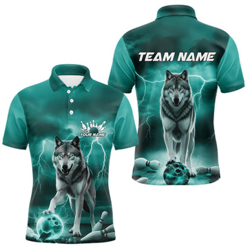 Maxcorners Custom Teal Blue Ligtning Wolf Bowling Team League Shirts For Men, Bowler Outfits LM2602