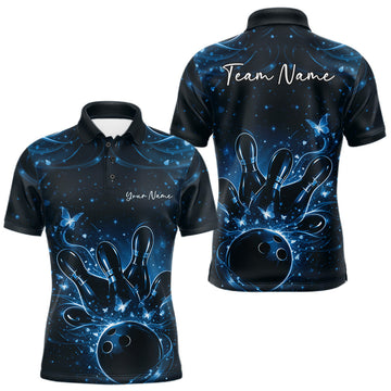 Maxcorners Custom Dreamy Blue Butterfly Men Bowling Polo Shirt, Bowling Team Outfit