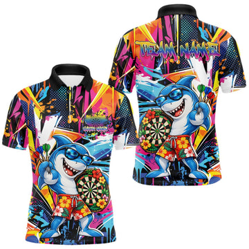 Maxcorners Custom Funny Shark Colorful Dart Men Polo Shirt, Tropical Graffiti Style Dart Jersey LM1910