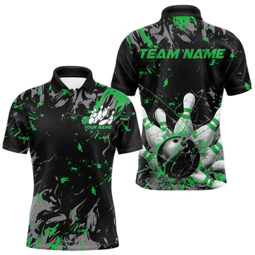 Maxcorners Custom Black And Green Splatter Camo Bowling Team Polo Shirts For Men LM2602