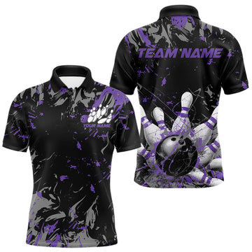 Maxcorners Custom Black And Purple Splatter Camo Bowling Team Polo Shirts For Men LM2602