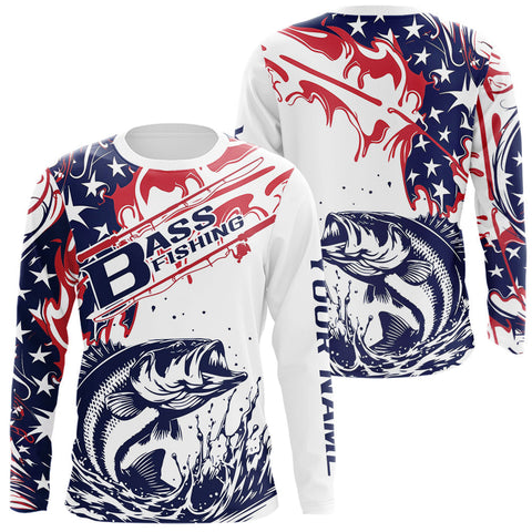 Maxcorners Custom American Flag Largemouth Bass Long Sleeve Fishing Shirts, Patriotic Bass Fishing Jerseys LM0607