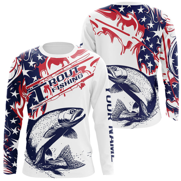 Maxcorners Custom American Flag Trout Long Sleeve Fishing Shirts, Patriotic Trout Fishing Jerseys LM0607