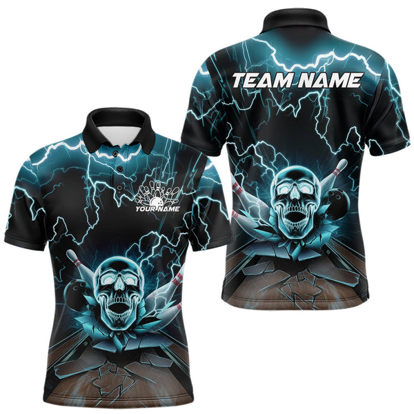 Maxcorners Custom Blue Thunder Lightning Skull Bowling Polo Team Shirts For Men, Halloween Outfit TU2107