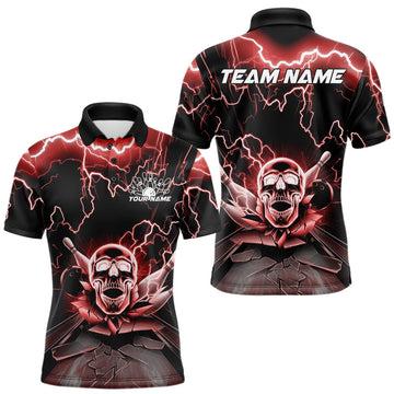 Maxcorners Custom Red Thunder Lightning Skull Bowling Polo Team Shirts For Men, Halloween Outfit LM1203