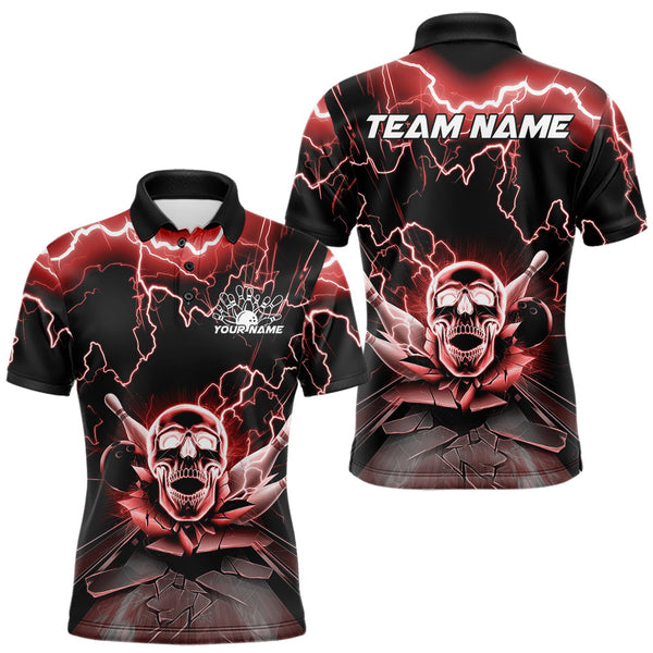 Maxcorners Custom Red Thunder Lightning Skull Bowling Polo Team Shirts For Men, Halloween Outfit TU2107