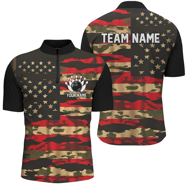 Maxcorners Custom American Flag Patriotic Bowling Shirts For Men, Camo Bowling Team Jerseys LM1610