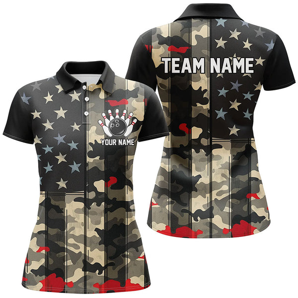 Maxcorners Bowling And Pins American Flag Patriotic Customized Name, Team Name 3D Polo Shirt