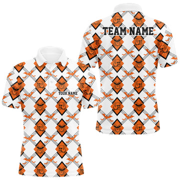 Maxcorners Custom White And Orange Halloween Bowling Argyle Pattern Men Polo Shirt Outfit