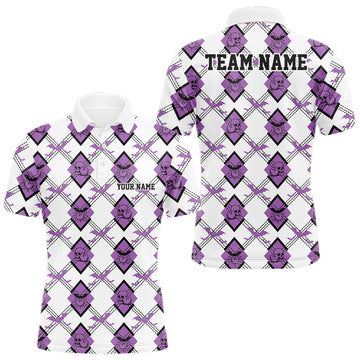Maxcorners Custom White And Purple Halloween Bowling Argyle Pattern Men Polo Shirt Outfit