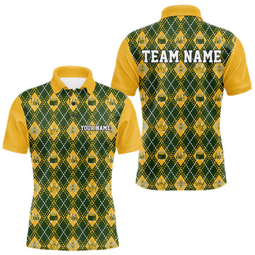 Maxcorners Custom Yellow And Green Halloween Bowling Argyle Pattern Bowling Team Men Polo Shirt