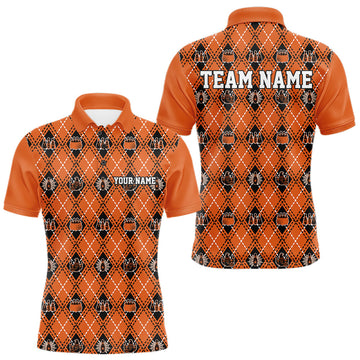 Maxcorners Custom Black And Orange Halloween Bowling Argyle Pattern Bowling Team Men Polo Shirt