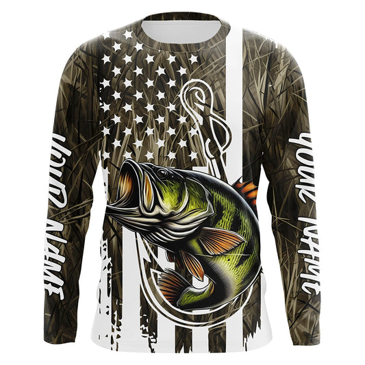 Maxcorners Lake Grass Camo US Flag Custom Largemouth Bass Patriotic Long Sleeve Fishing Shirts With Name LM0501